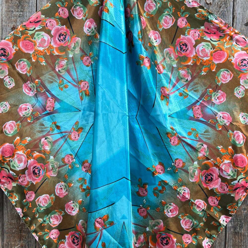 Blue & Pink Roses Western Wild Rag Scarf - Picture 2 of 3